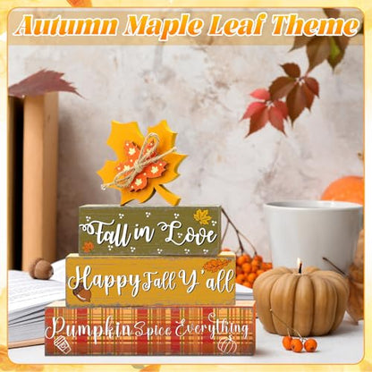 Geelin 4 Pcs Thanksgiving Decorations Fall Wooden Sign Maple Leaves Thanksgiving Pumpkin Table Centerpiece Tiered Tray Decor Fall Wood Blocks Tiered Tray Decor Table Top Sign for Home - style: Maple Leaves