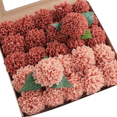 Floroom Artificial Dahlia Flowers 25pcs Terracotta & Pinky Cedar Foam Fake Roses with Stems for DIY Burnt Orange Wedding Bouquets Bridal Shower Centerpieces Floral Arrangements Party Tables Decoration - color: Terracotta & Pinky Cedar