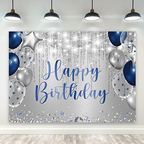 Riyidecor Royal Navy Blue Silver Happy Birthday Backdrop Party Decorations for Men Boys 7Wx5H Feet Polyester Fabric Balloon Diamond Sparkle Bday Photography Background Decor Banner Studio Photo Shoot - color: A 01 Blue, size: 7Wx5H