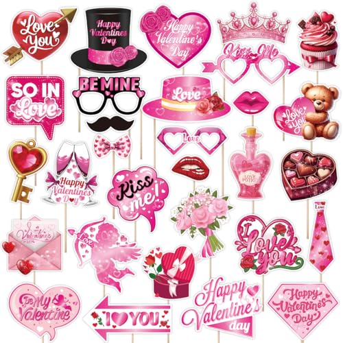 Valentines Day Decorations, Tumwisk 30 PCS Valentines Photo Props, DIY Funny Photography Photo Booth Prop Party Decorations Romantic Pink Valentine's for Wedding Engagement Accessories - color: Pink