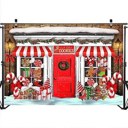Mocsicka 7x5ft Christmas Candy Store Backdrop Xmas Gingerbread Store Photography Background Candy Cane Holiday Party Photo Decor Portrait Studio Booth Photobooth Props - size: 7x5ft
