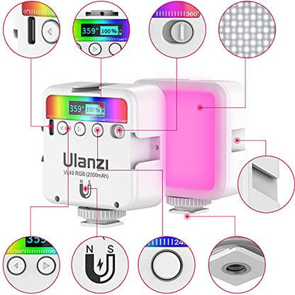 ULANZI VL49 RGB Video Lights White, LED Camera Light 360° Full Color Portable Photography Lighting w 3 Cold Shoe, 2000mAh Rechargeable CRI 95+ 2500-9000K Lamp Support Magnetic Attraction - color: White