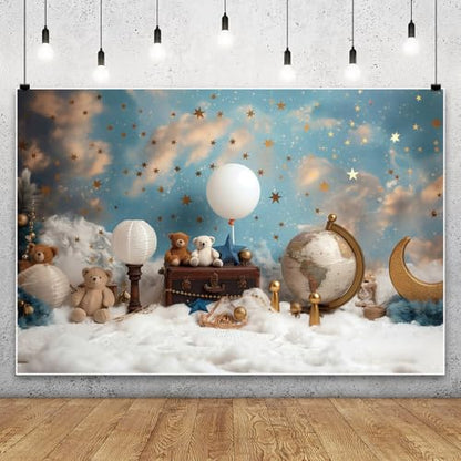 YongFoto Travel Adventure Theme Backdrop 5x3ft Cute Clouds Sky Stars Bear Globe Photography Background Adventure Awaits Baby Shower Girl Boy 1st 2nd Birthday Party Banner Kids Portraits Photoshoot - color: Style 3, size: 5ftx3ft