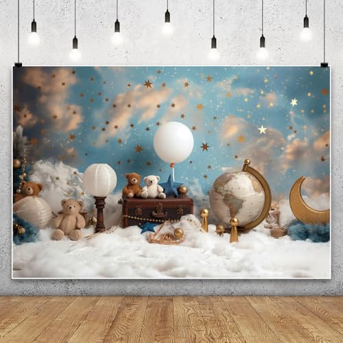 YongFoto Travel Adventure Theme Backdrop 5x3ft Cute Clouds Sky Stars Bear Globe Photography Background Adventure Awaits Baby Shower Girl Boy 1st 2nd Birthday Party Banner Kids Portraits Photoshoot - color: Style 3, size: 5ftx3ft