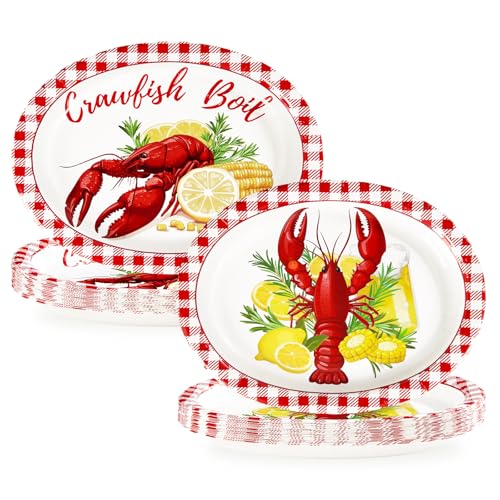 Grencian 50 Pcs Crawfish Boil Party Supplies 10” x 12” Lobster Boil Oval Paper Plates Large Disposable Crawfish Red Gingham Tableware Set for Baby Shower BBQ Summer Picnic Barbecue Cookout Carnival - style: 50Pcs Crawfish Oval Plates