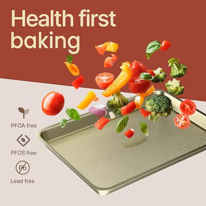 Diamond Bottom Cookie Sheet Set of 3, Nonstick Gold Carbon Steel Baking Pans for Crisp Baking, Space-Saving Stackable Trays, PFOA, PFOS, PTFE Free, Oven Safe Up to 450°F, Small, Medium & Large Sheets - color: Gold, size: Pack of 3