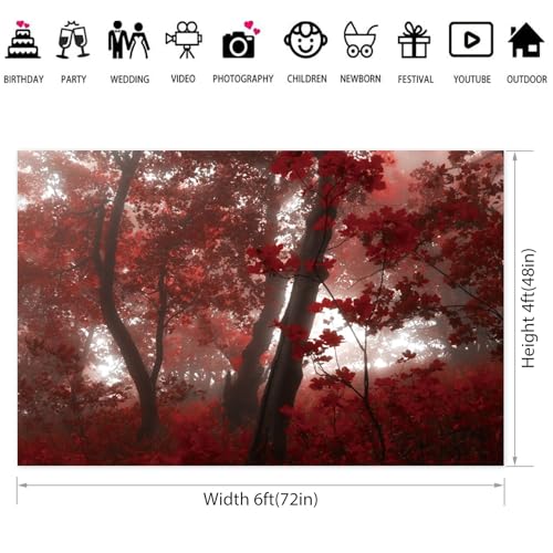 6x4ft Fall Maple Leaves Backdrop Autumn Scenery Misty Red Maple Forest Photography Background Natural Landscape Maple Trees Thanksgiving Party Kids Adults Travel Decor Banner Photo Props - size: 6x4ft