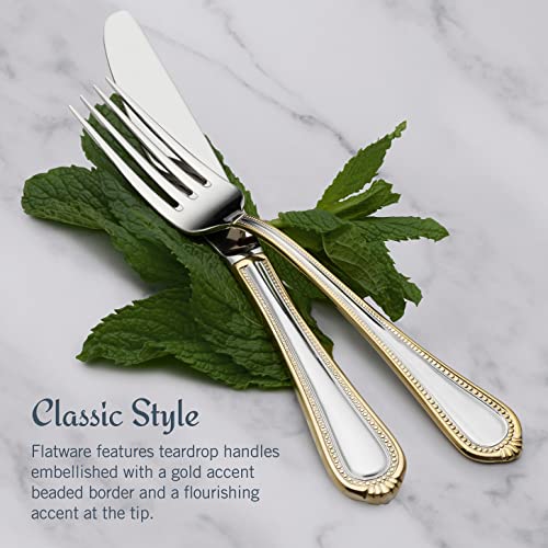 Mikasa, Gold Accent Regent Bead Flatware Service for 12, 65 Piece Set, 18/10 Stainless Steel, Silverware Set with Serving Utensils - size: 65 Piece Set, style: Regent Bead Gold