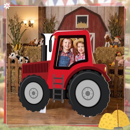 Capoda Farm Tractor Photo Backdrop Stand up Cardboard Cutout for Party Decoration and Photography Props - 60 x 48 Inch Red Cartoon Tractor Standee with Face Hole for Farm Birthday Outdoor Activity - style: Red Tractor