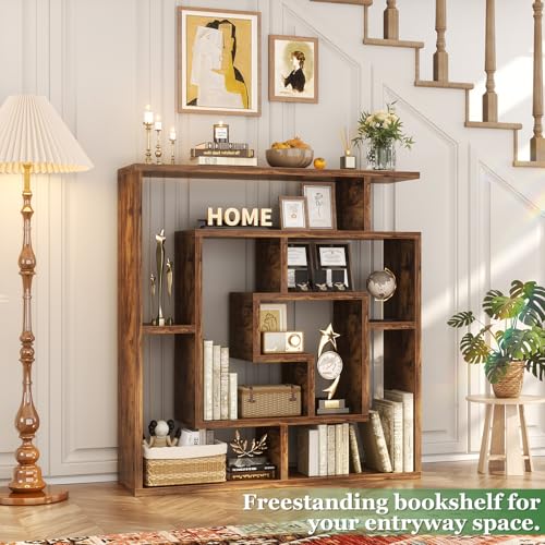 Armocity 6 Tier Display Book Shelf Wall Mounted Bookshelf Freestanding Geometric Bookcase Floating Book Shelves for Wall Bedroom Living Room Home Office, 45.5"(W) * 47"(H), Rustic Brown - color: Rustic Brown