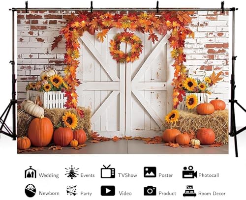 MEHOFOND 8x6ft Fall Thanksgiving Photography Backdrop Autumn Rustic Barn Wooden Door Brick Wall Background Pumpkin Maple Wreath Haystack Sunflower Harvest Party Decorations for Portrait Photo Props - size: 8x6ft