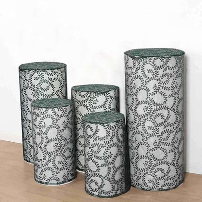 Efavormart Set of 5 Hunter Emerald Green Sequin Mesh Cylinder Display Box Stand Covers with Leaf Vine Embroidery, Sparkly Sheer Tulle Pedestal Pillar Prop Covers - color: Hunter Green, size: Sequin Mesh Cylinder Covers - Leaf Pattern