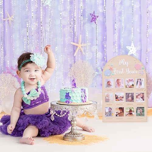 Mermaid Monthly Wooden Photo Board - Under The Sea 1st Birthday Party Decoration, Ocean Themed Milestone Board, 12-Month Photo Frame, Underwater World 1-12 Month Milestone Photo Board