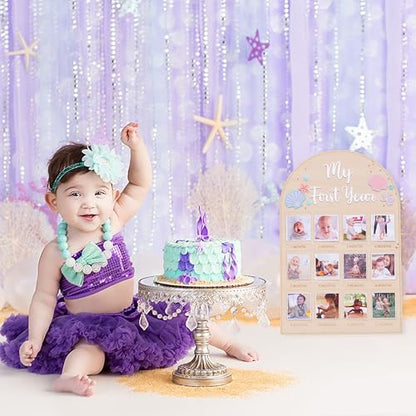 Mermaid Monthly Wooden Photo Board - Under The Sea 1st Birthday Party Decoration, Ocean Themed Milestone Board, 12-Month Photo Frame, Underwater World 1-12 Month Milestone Photo Board