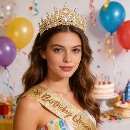 Birthday Crown for Women Crystal Princess Birthdays Tiaras Rhinestone Queen Headband Wedding Bridal Hair Accessories BirthdayProm Pageant Party Coming of Age Ceremony Photo Props - color: Gold-A01