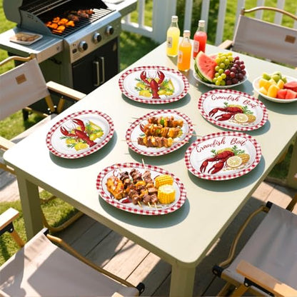 Grencian 50 Pcs Crawfish Boil Party Supplies 10” x 12” Lobster Boil Oval Paper Plates Large Disposable Crawfish Red Gingham Tableware Set for Baby Shower BBQ Summer Picnic Barbecue Cookout Carnival - style: 50Pcs Crawfish Oval Plates
