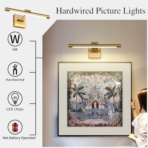 LED Picture Light Fixtures 16.54 Inches, Modern Metal Artwork Wall Lamps with Single Swing Arm, 7W (50W Eqv.), Hardwired Connection, Non-Dimmable, 3000K Warm White, CRI80+, Golden-Like Brass Finish - color: Brass, size: Non-Dimmable 16.53" Long