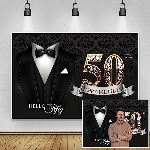 5x3ft Photography Backdrop for Man 50th Birthday Party Decor Gentleman Necktie Suit Tuxedo Clothes Hello Fifty Background Father Man Black Gold Birthday Party Banner Photo Studio Props - color: black gold 50, size: 5x3ft