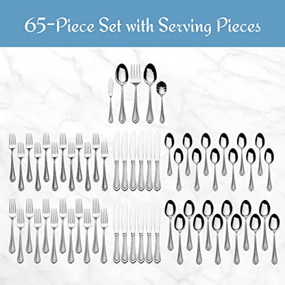 Mikasa Regent Bead 65-Piece Silverware Set, 18/10 Stainless Steel Flatware Service for 12, Includes 5 Serving Tools, Dishwasher Safe Polished Cutlery - size: 65 Piece Set, style: Regent Bead