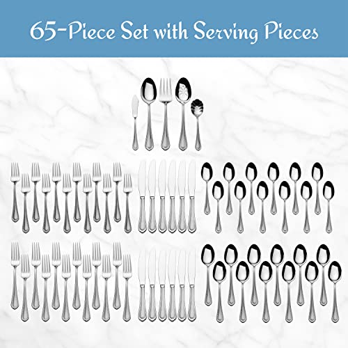 Mikasa Regent Bead 65-Piece Silverware Set, 18/10 Stainless Steel Flatware Service for 12, Includes 5 Serving Tools, Dishwasher Safe Polished Cutlery - size: 65 Piece Set, style: Regent Bead