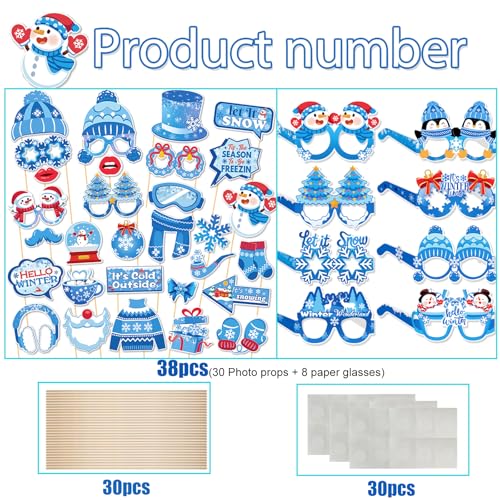 Qpout 38 Pcs Winter Photo Booth Props Kit with Glasses, Winter Wonderland Christmas Decorations, Snowman Snowflake Party Supplies, Holiday Photo Accessories