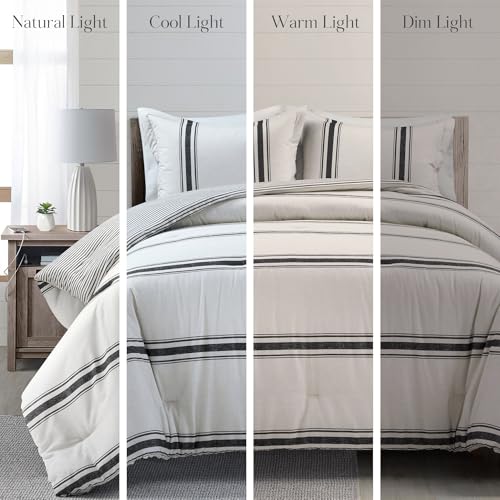 Lush Decor Farmhouse Stripe Reversible Cotton Comforter Set, 3 Piece Set, King, Black - Cozy Farmhouse Bedding Set - Rustic Decor - Striped Comforter - Modern Farmhouse Bedroom Decor - color: Black, size: King