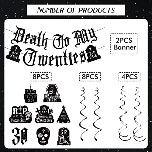 Death to My 20s Decorations - 14pcs Black 30th Birthday Party Decorations Banner Hanging Swirls Rip to My 20s Birthday Decor Party Ceiling Supplies Women Men Funeral for My Youth Party Decor - style: Death to My 20s