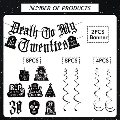 Death to My 20s Decorations - 14pcs Black 30th Birthday Party Decorations Banner Hanging Swirls Rip to My 20s Birthday Decor Party Ceiling Supplies Women Men Funeral for My Youth Party Decor - style: Death to My 20s