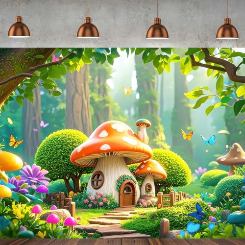 BlissYard 8x6ft Forest Mushroom Background Banner Forest Mushroom House Theme Outdoor Party Decorations Jungle Butterfly Backgroup Photo Prop Banner Photography Background for Baby Shower Party Decor - color: Forest Mushroom Background#3