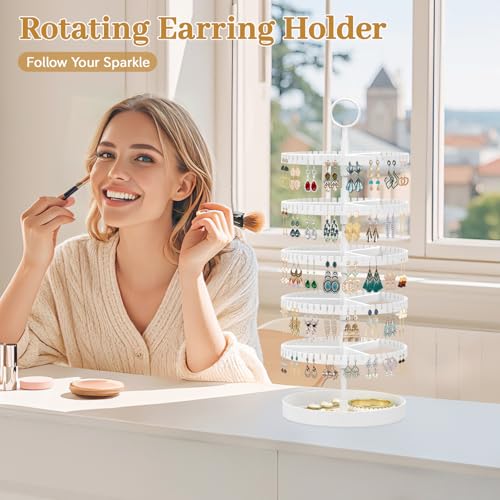 MODOWEY 5 Tier Rotating Earring Holder Organizer Display Tree with Metal Tray, Adjustable Plastic Stand with 285 Slots for Stud Hoop Hanger, Large Capacity Storage Rack for Women Space Saving, White - color: Glossy White