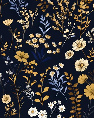 Black Floral Peel and Stick Wallpaper Vintage Gold Leaf Contact Paper Blue Flower Wall Mural Home Vinyl Waterproof Self Adhesive Removable Renter Friendly Wall Paper 17.5" x 118" - color: Blue/Black, size: 17.5" x 118"