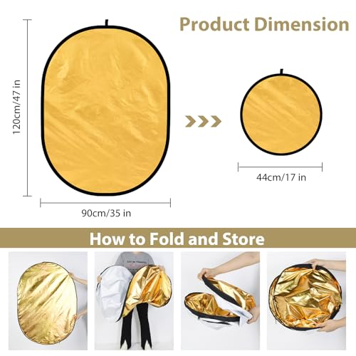 UTEBIT 35"x47"/90x120cm Photography Reflector with Stand & Clamp, 5-in-1 Oval Foldable Reflector with Carrying Bag,Translucent/Silver/Gold/White/Black Photography Reflector for Studio&Outdoor Lighting - size: 35x47 Inch