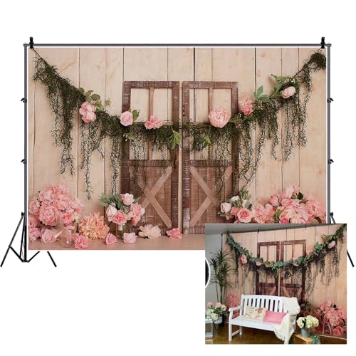 Haoyiyi 10x6.5ft Wedding Backdrop Rustic Pink Rose Flowers Wood Door Floor Board Photography Background Bridal Shower Mother's Day Valentine Anniversary Bride Girl Artistic Portrait Photo Studio Props