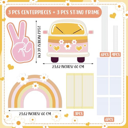 Soulchen 3 Pcs 24 Inch Large Hippie Photo Booth Props Retro Groovy Birthday Party Decorations Boho Bus Peace Sign Hand Rainbow Daisy Frame Backdrop for 60s 70s Hippie Party Supplies - style: Hippie