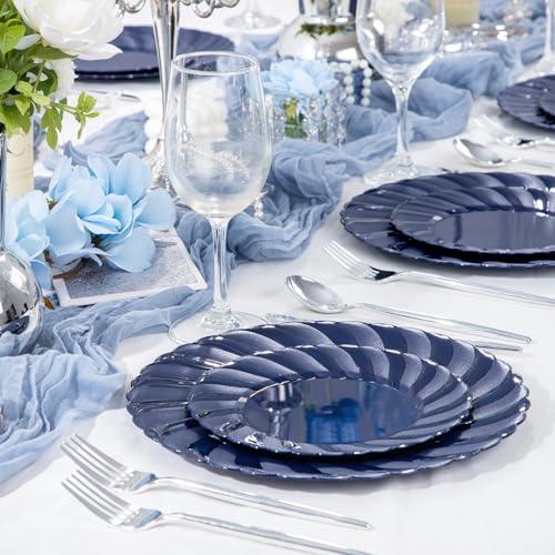 U-QE 60 Pcs Blue Plastic Plates for Party – Scalloped Blue Plates Disposable Heavy Duty – Include 30 10.25" Dinner & 30 7.25" Dessert Plate - Perfect for Parties, Weddings - color: Blue