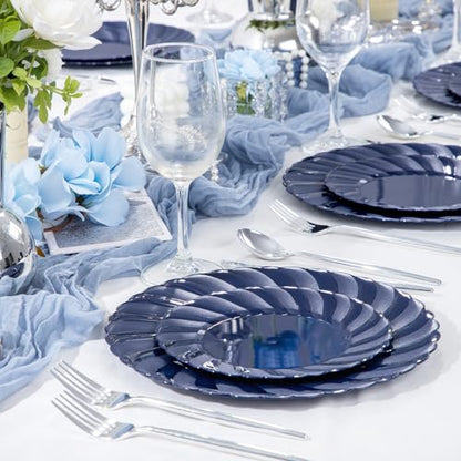 U-QE 60 Pcs Blue Plastic Plates for Party – Scalloped Blue Plates Disposable Heavy Duty – Include 30 10.25" Dinner & 30 7.25" Dessert Plate - Perfect for Parties, Weddings - color: Blue