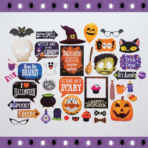 Halloween Photo Booth Props - 41-pc Kit With 8 x 10-Inch Sign, 60 Adhesive Pads, and 45 Sticks - Photobooth Decorations and Selfie Props