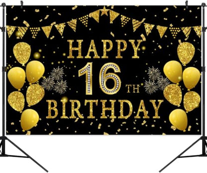 5x3ft Happy 16th Birthday Party Photography Backdrop, Glitter Black and Gold Balloons Background for Girl Boy 16th Bday Shining Diamond Sixteen Years Old Birthday Party Supplies - color: 16th, size: 5x3ft