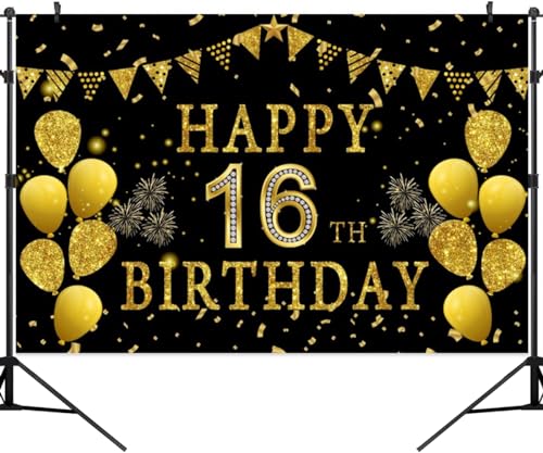 5x3ft Happy 16th Birthday Party Photography Backdrop, Glitter Black and Gold Balloons Background for Girl Boy 16th Bday Shining Diamond Sixteen Years Old Birthday Party Supplies - color: 16th, size: 5x3ft