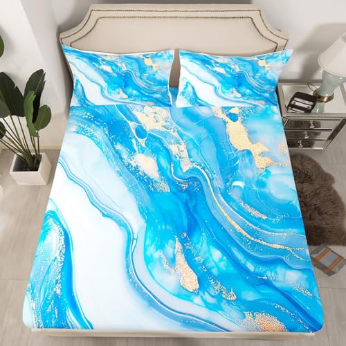 Erosebridal Blue Marble Full Bed Sheets, Stone Pattern Fluid Fitted Sheet for Kids Teens Adult Women Bedroom Decor, Modern Golden Glitter Bedding Set Metallic Marble Texture Sheets - color: Aqua Blue Gold White, size: Full