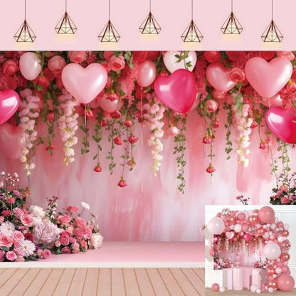 Flowers Wall Backdrop Pink Flowers Love Heart Balloons Romantic Photography Background Wedding Anniversary Birthday Valentines Party Decorations Banner Supplies (8x6FT) - size: 8x6FT