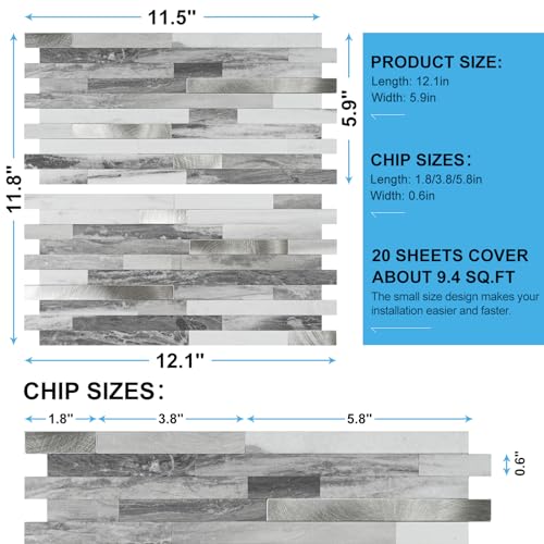 Peel and Stick Backsplash, 20-Sheet Peel and Stick Tiles 12.1" x 5.9" Stick on Backsplash PVC Wall Tile for Kitchen Fireplace - color: Carrara Gray Marble