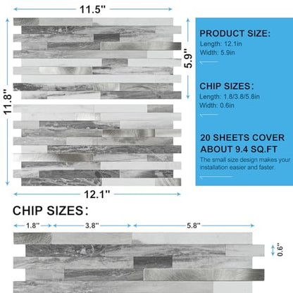 Peel and Stick Backsplash, 20-Sheet Peel and Stick Tiles 12.1" x 5.9" Stick on Backsplash PVC Wall Tile for Kitchen Fireplace - color: Carrara Gray Marble