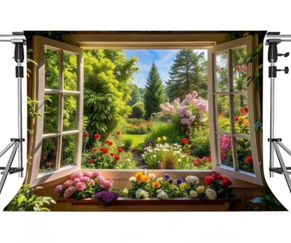 Spring Summer Garden Window Backdrop for Photography Floral Nature Landscape Photo Background Flowers and Trees Vibrant Flowers Party Decorations Banner Wedding Baby Shower Party Supplies 5x3ft - size: 5x3FT