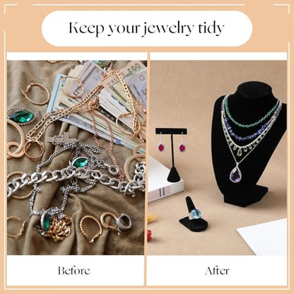 Wenqik 3 Pcs Velvet Jewelry Display Set Velvet Necklace Bust Holder T Shape Earring Stand Ring Finger Jewelry Holder, Black - color: Black