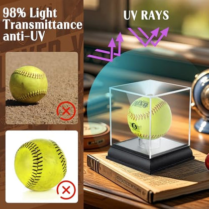 Softball Display Case with Led Light, UV Protected Cube with Wood Base Stand, Clear Acrylic Softball Holder for Single Autograph Ball - size: Single Softball Box LED