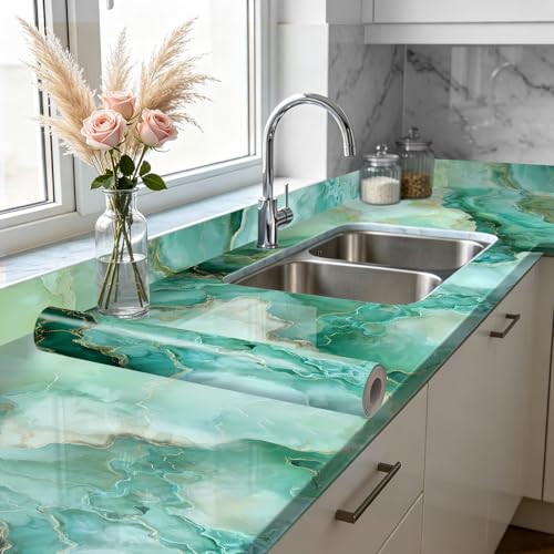 Nuxovilar Green Marble Vein Textured Peel and Stick Wallpaper, 15.75"x39.37", Self-Adhesive Contact Paper, Artistic Stone Pattern for Bedroom, Living Room and Table Decor - color: YLU03578, size: 15.75" x 39.37"