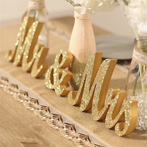 Mr & Mrs Signs Rustic Wooden Freestanding Letters - Anniversary & Wedding Decoration, Golden Flower Pads - color: Golden with flower pads