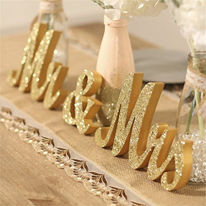 Mr & Mrs Signs Rustic Wooden Freestanding Letters - Anniversary & Wedding Decoration, Golden Flower Pads - color: Golden with flower pads