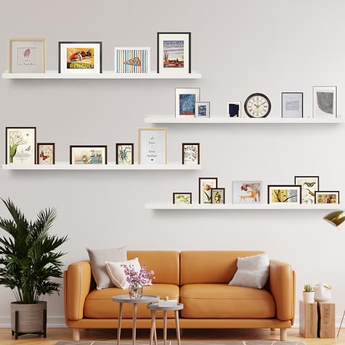 Picture Shelves 57",Narrow Long Floating Ledge for Wall Set of 4,Large Wood Rustic Photo Frames Vinyl Record Storage Display Nursery Kids Bookshelf Decor for Living Room Bedroom Kitchen - color: White, size: 57 Inch